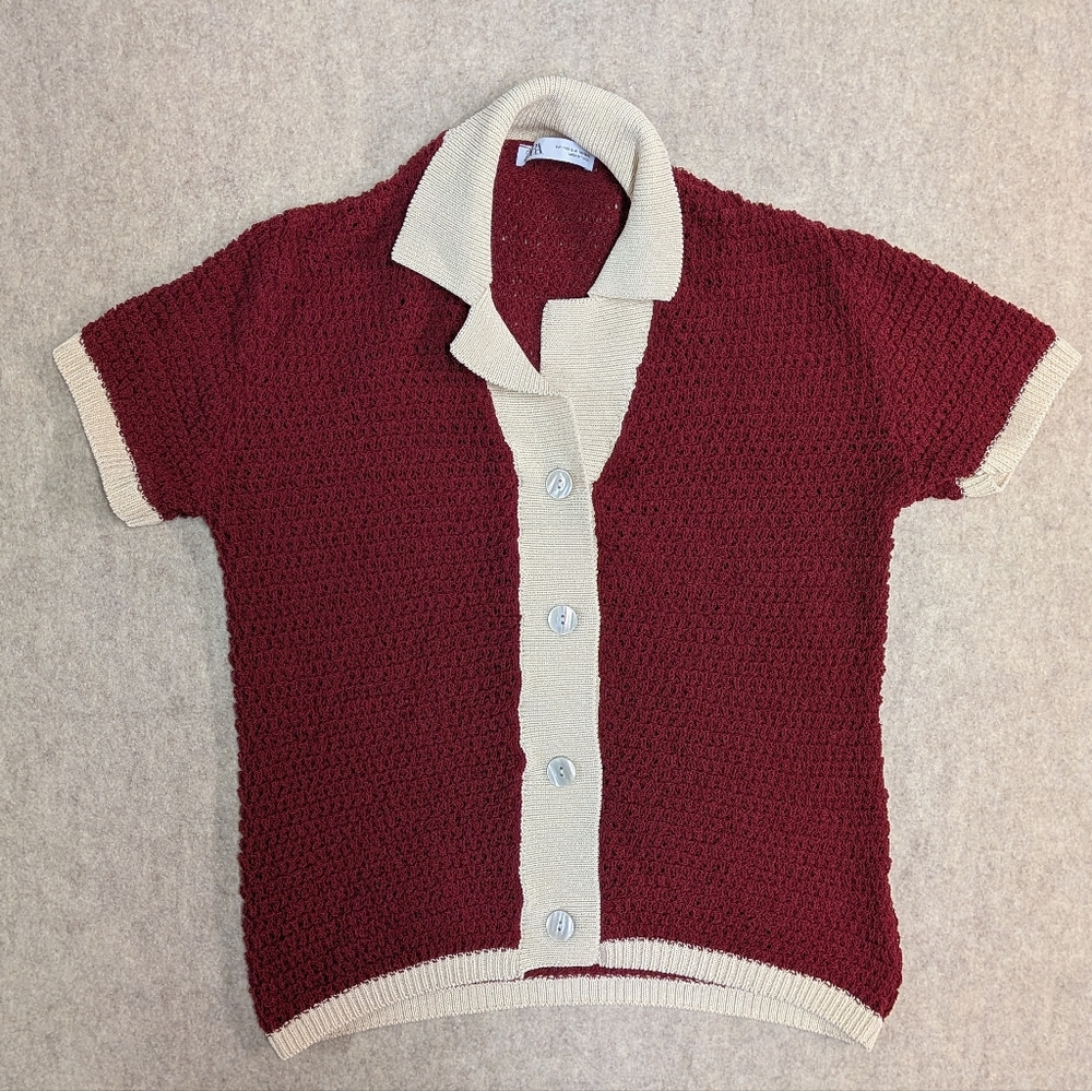 Zara Knit Burgandy And Cream Women's Button Short Sleeve Cardigan Sz S/M